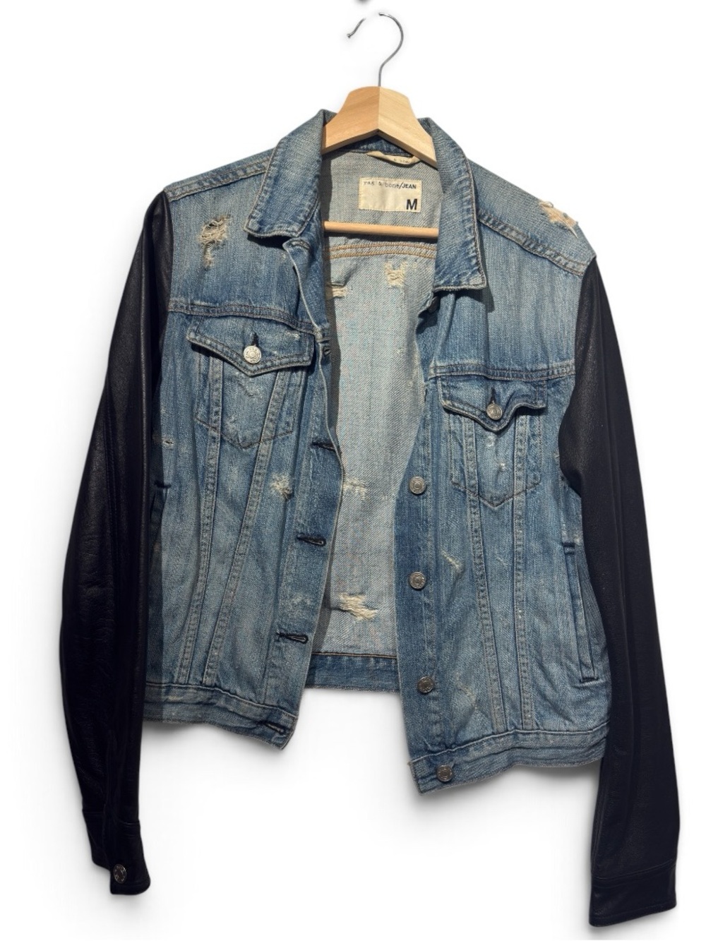 Rag & Bone Women's The Jean Jacket w/ Black Lamb Leather Sleeves M - Picture 4 of 7